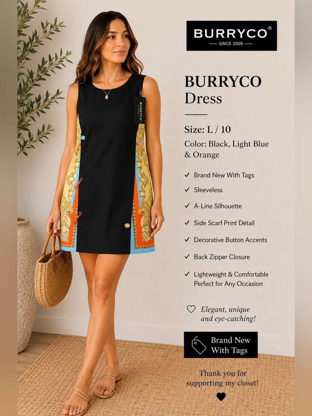 BURRYCO Black Mini Dress with Yellow & Red Baroque Panels ~ L